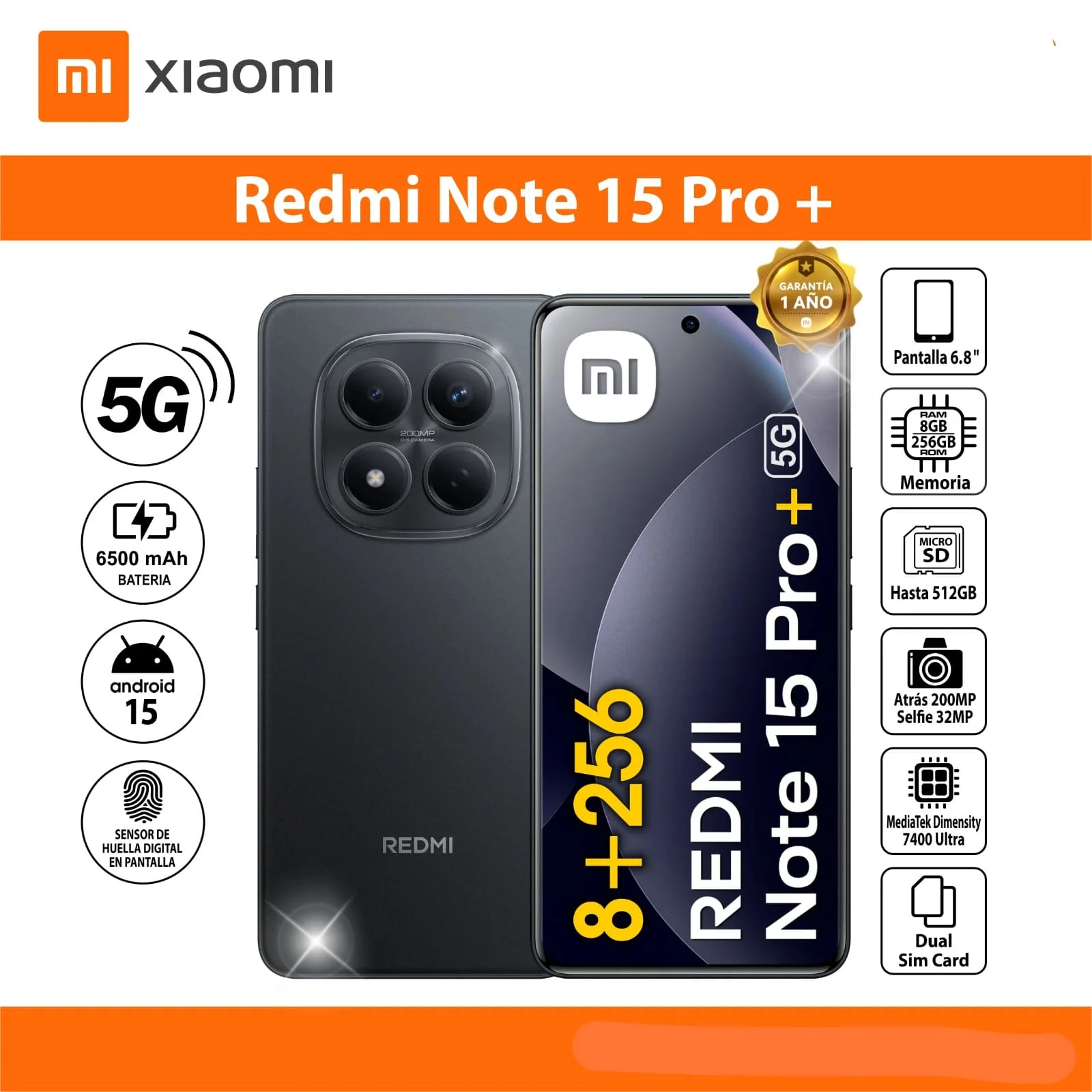 CELULAR REDMI NOTE 15 PRO + (PLUS) 5G 8+256 GB NEGRO DS