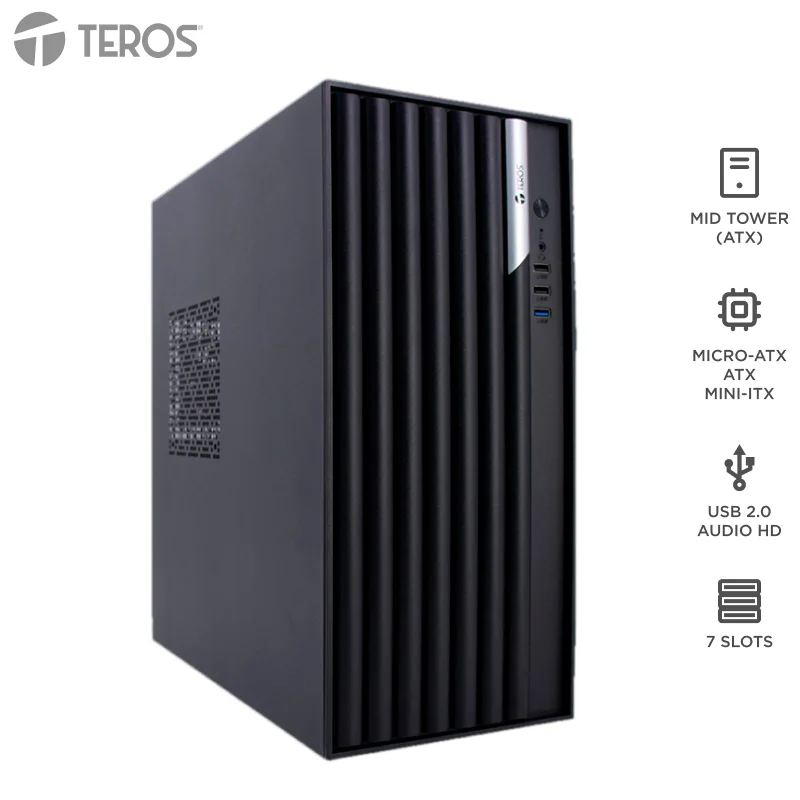 Case TEROS TE-1036S, Factor de forma ATX, 250 W, USB 3.0 / 2.0, audio, negro.