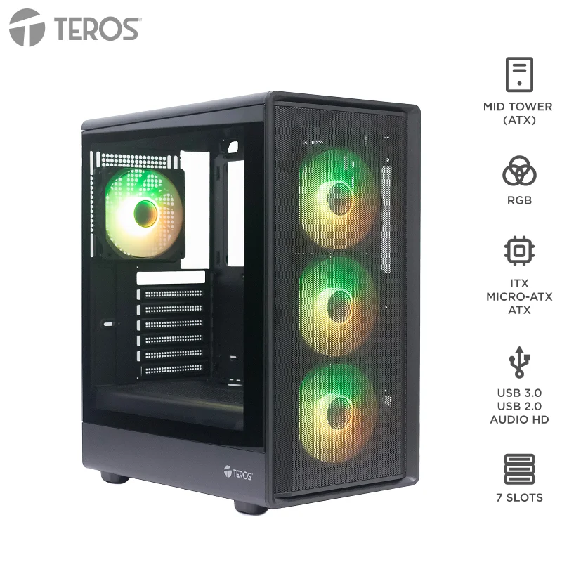 Case Gamer TEROS TE-1323G, ITX, M-ATX, ATX, 3.5" y 2.5", negro