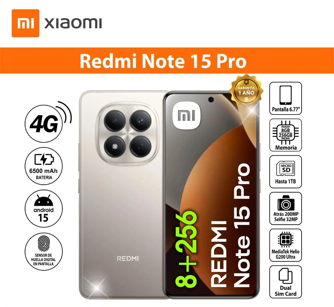 Celular Xiaomi Redmi Note 15 Pro 4G 256GB, 8GB RAM, cámara trasera 200MP y frontal 32MP, 6.7", TITANIUM