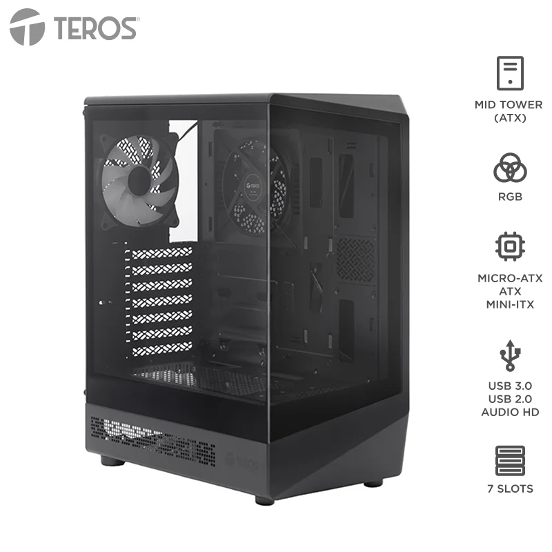 Case Gamer Teros TE-1321G, Mid Tower, USB 3.0 / USB 2.0, Audio, Ventilador RGB, Negro