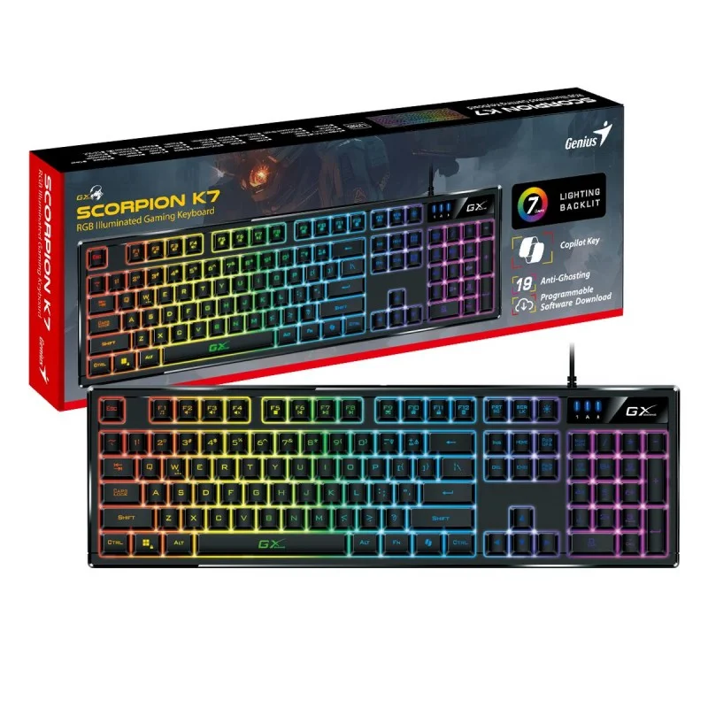 TECLADO GAMER GENIUS GX SCORPION K7 AI COPILOT GAMING RGB 19 TECLAS ANTI-GHOSTING MACRO USB SP BLACK (31310054401)