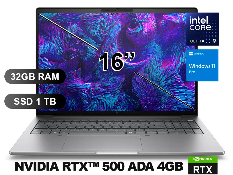 LAPTOP HP ZBOOK 8 G1I U9-285H, Ram 32GB, SSD1TB, tarjeta de video RTX500-4GB,  W11P, 16", BN4D4LT