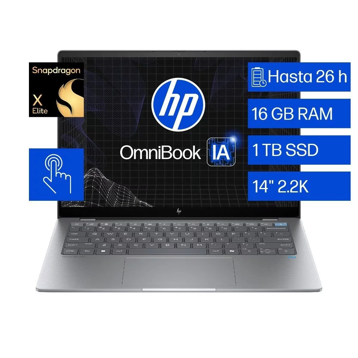 Laptop HP OmniBook X 14-fe0000la Snapdragon X Elite 16 GB RAM 1 TB SSD, 14" Táctil 2.2K Windows 11 Home con teclado en inglés