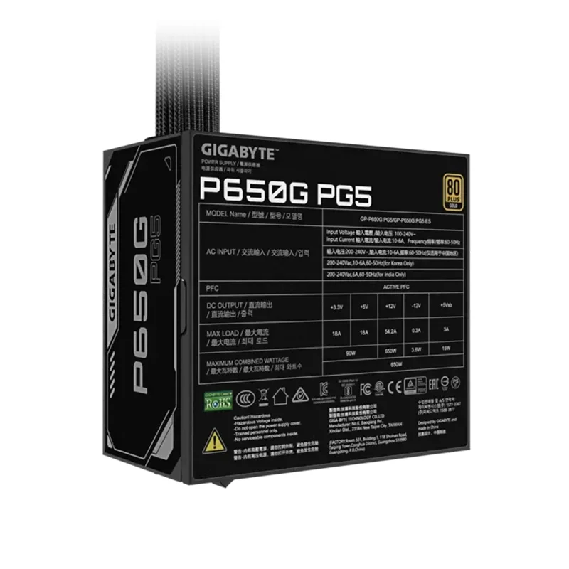 Fuente de alimentación Gigabyte P650G PCIE 5.1, 650W, ATX, 80 Plus Gold.