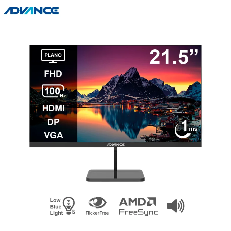 Monitor plano ADVANCE ADV-2152S 21.5" FHD IPS 100Hz 1ms HDMI DP VGA PARLANTES negro