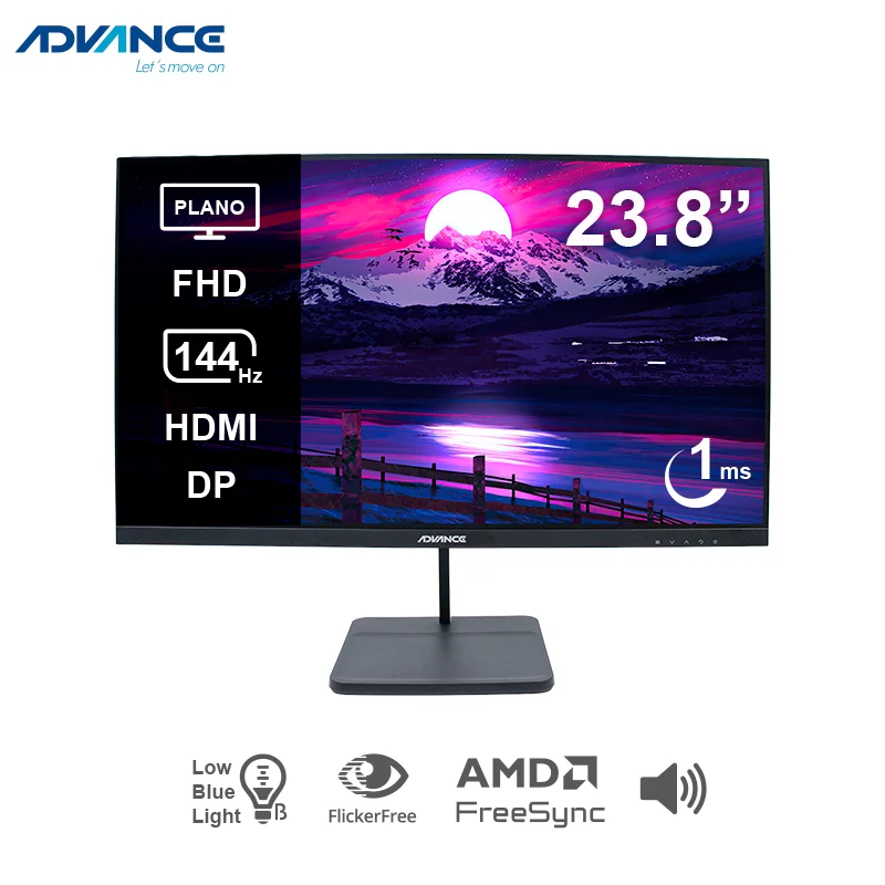Monitor plano ADVANCE ADV-2454S 23.8" FHD IPS 144Hz 1ms HDMI DP AUDIO OUT PARLANTES negro